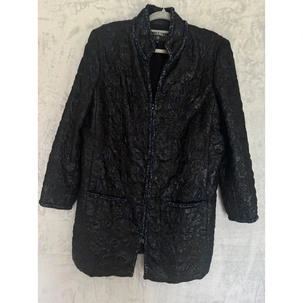 Chanel Black Blue Floral Jacquard Longline Jacket Camellia CC Logo FR50 US 16 18